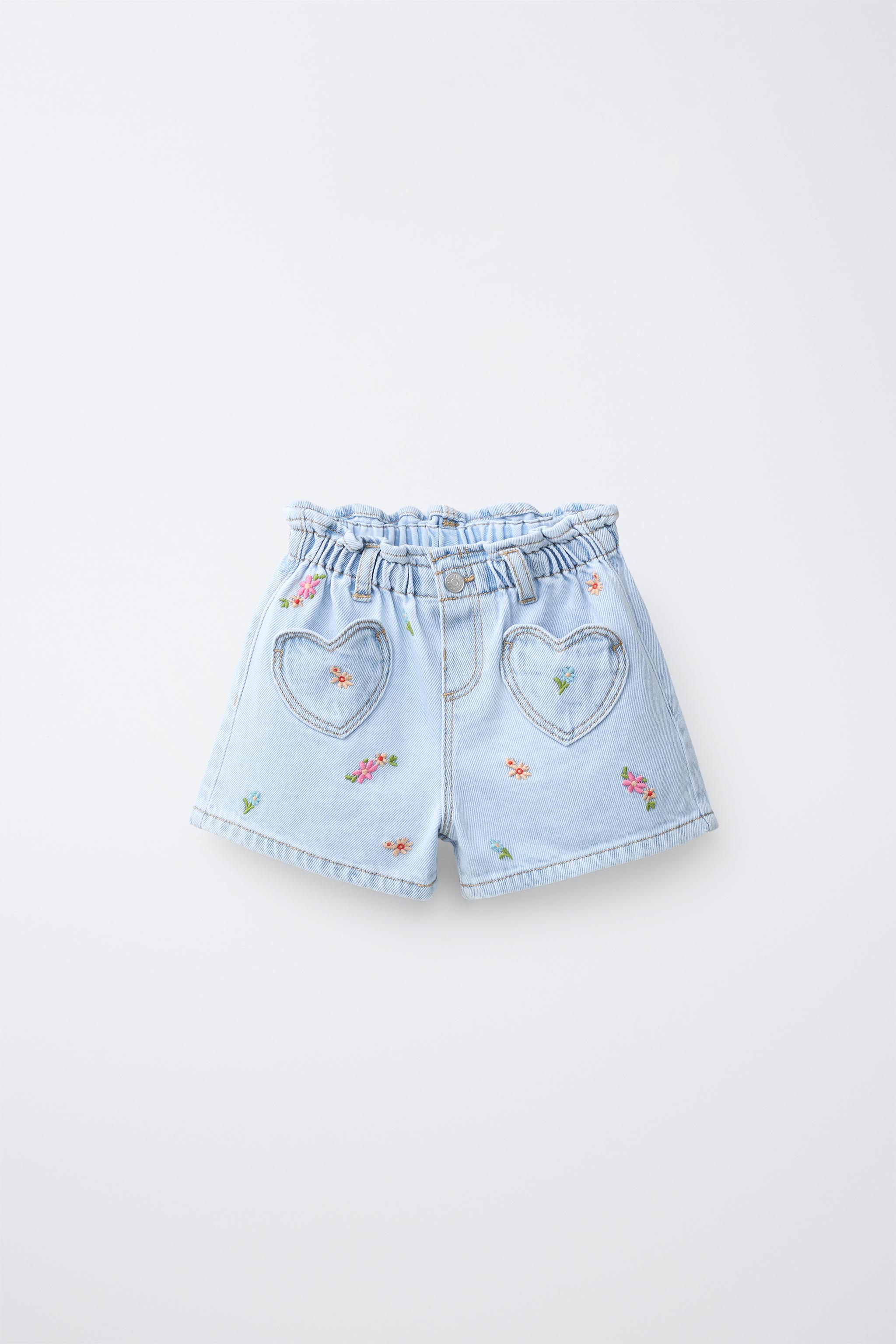 EMBROIDERED FLORAL DENIM PAPERBAG SHORTS